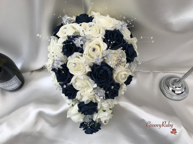 Navy & Ivory Rose With Silver & Crystal Butterfly