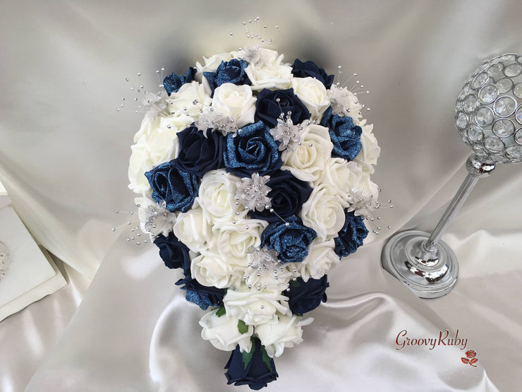 Navy Glitter Rose With Silver Babies Breath