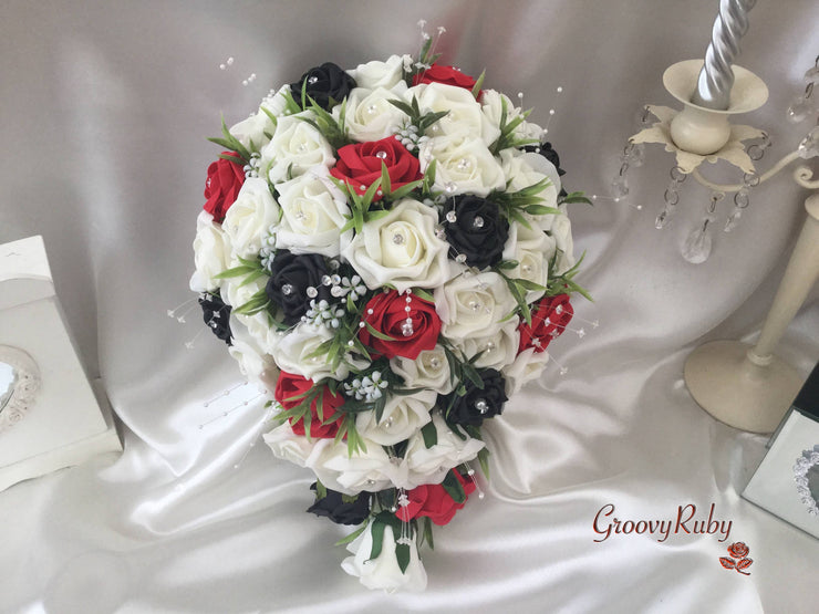 Black, Red & Ivory Rose With Foliage & Crystal Sprays