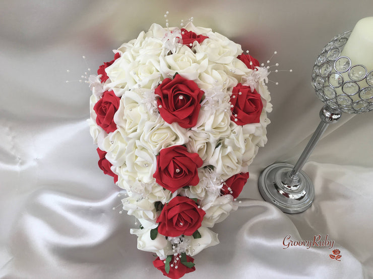 Red & Ivory Rose Crystal With Ivory Pearl Babies Breath