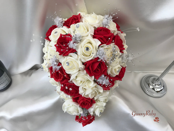 Red & Ivory Rose With Silver & Crystal Butterfly