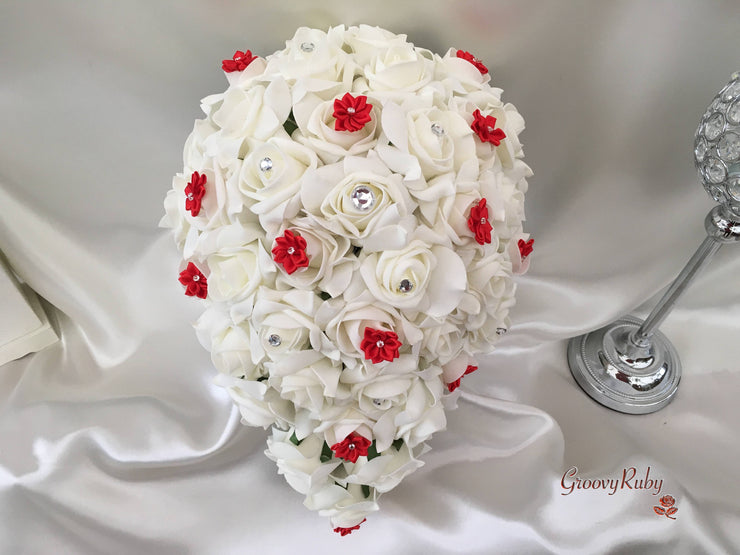 Rose Bouquets With Red Satin Diamante Flowers