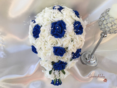 Royal Blue & Ivory Rose Crystal With Ivory Pearl Babies Breath