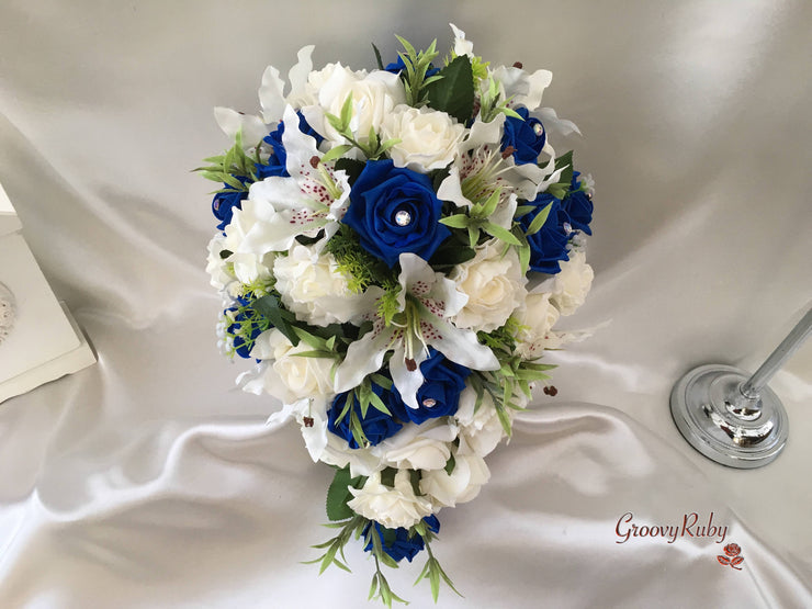 Small Tiger Lilies & Royal Blue Roses With Foliage