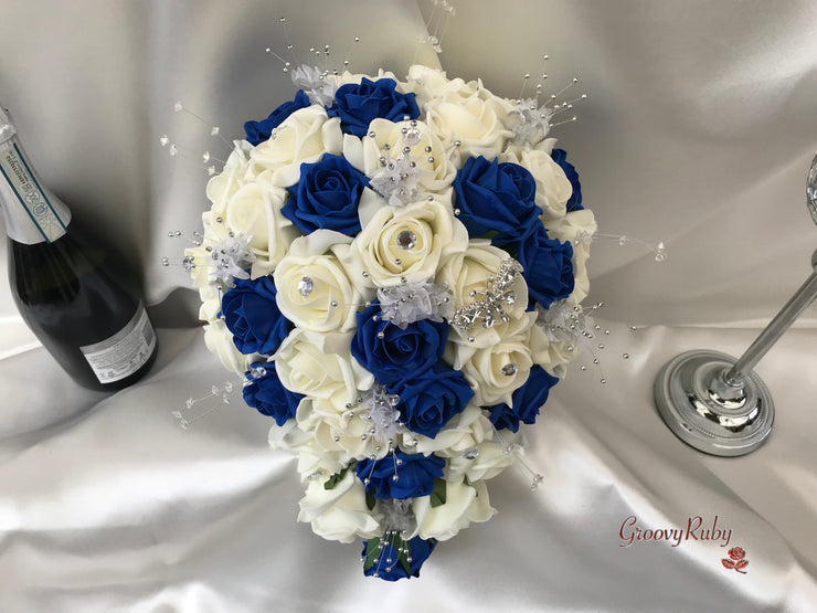 Royal Blue & Ivory Rose With Silver & Crystal Butterfly