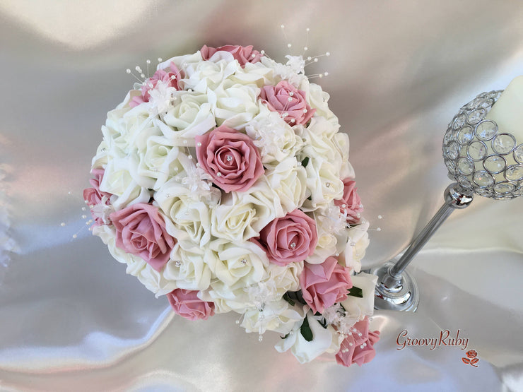 Dusky Pink & Ivory Rose Crystal With Ivory Pearl Babies Breath