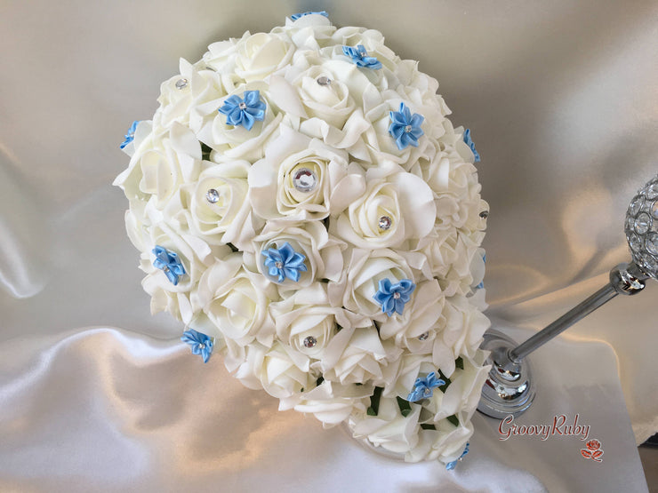 Rose Bouquets With Baby Blue Satin Diamante Flowers