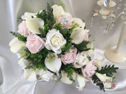 Blush Pink Rose & Large Ivory Calla Lilies With Crystal Butterfly Brooch