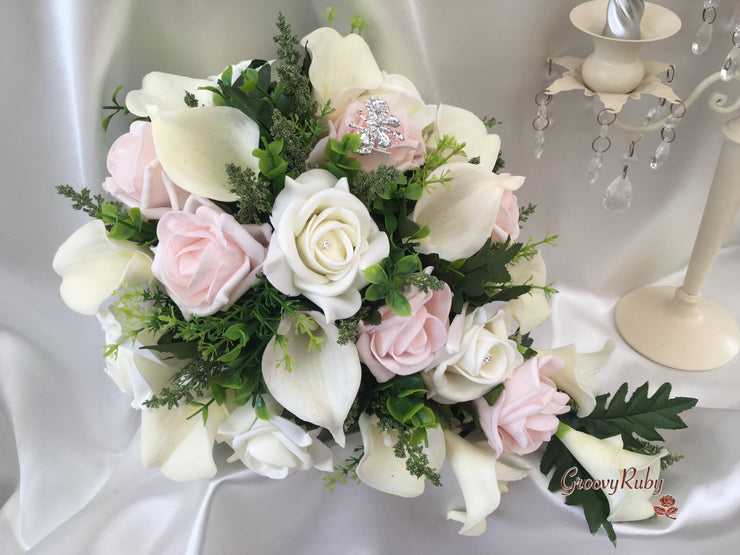 Blush Pink Rose & Large Ivory Calla Lilies With Crystal Butterfly Brooch