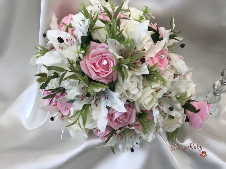 Small Tiger Lilies & Baby Pink Roses With Foliage