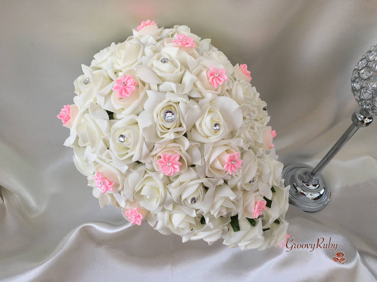 Rose Bouquets With Baby Pink Satin Diamante Flowers
