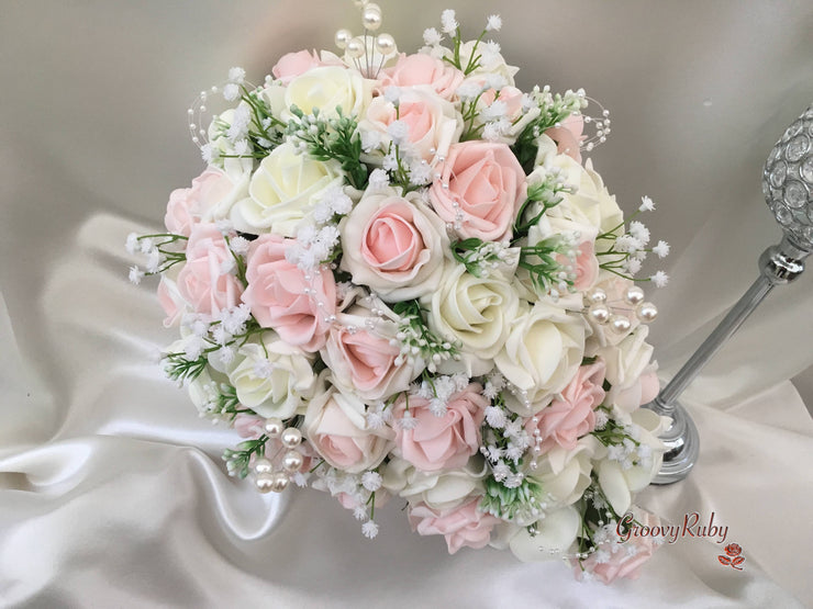 Blush Pink & Ivory Roses With Gypsophila & Pearl Sprays