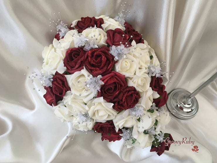Burgundy Glitter Rose With Silver Babies Breath