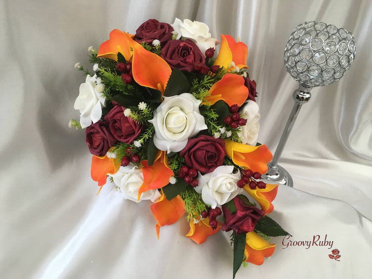 Ivory Glitter Rose, Orange Calla Lily, Burgundy Rose & Berries