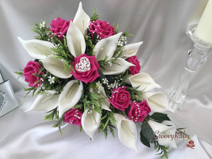 Hot Pink Rose & Calla Lily With Pearls & Diamante Heart Brooch