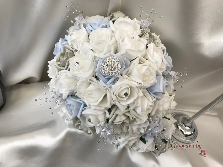 Ice Blue, Silver & White Roses With Delicate Heart Brooch