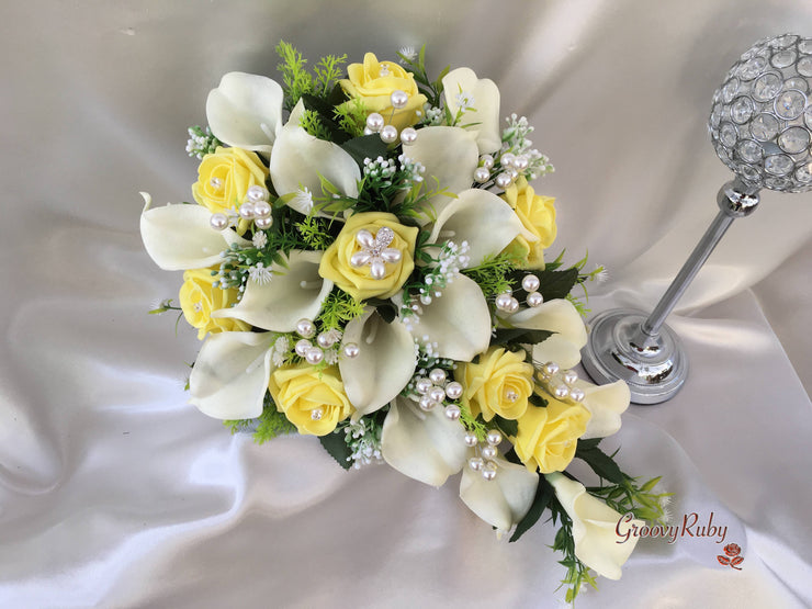 Lemon Rose & Large Calla Lily With Pearl Sprays & Pearl Brooch
