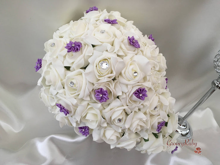 Rose Bouquets With Lilac Satin Diamante Flowers