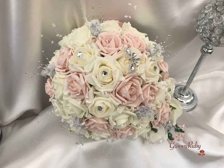 Mocha Pink & Ivory Rose With Silver & Crystal Butterfly