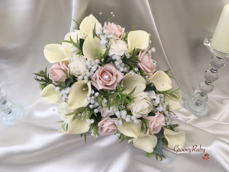 Mocha Pink Roses & Ivory Carnations With Calla Lily & Gypsophila