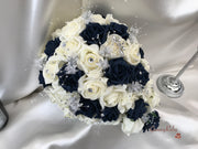 Navy & Ivory Rose With Silver & Crystal Butterfly