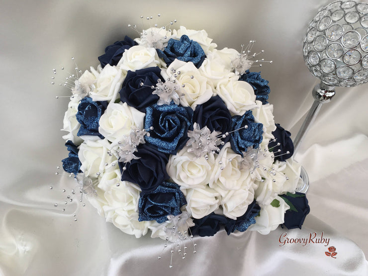 Navy Glitter Rose With Silver Babies Breath