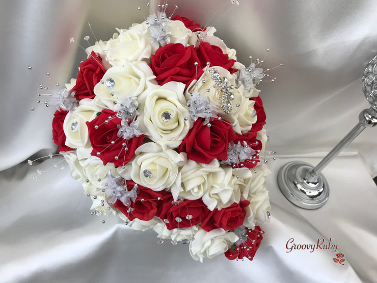 Red & Ivory Rose With Silver & Crystal Butterfly