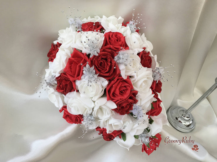 Red Glitter Rose With Silver Babies Breath