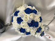 Royal Blue & Ivory Rose With Silver & Crystal Butterfly