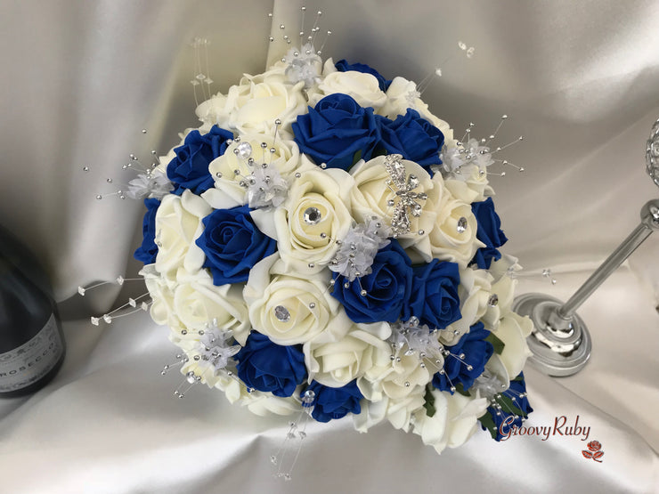 Royal Blue & Ivory Rose With Silver & Crystal Butterfly