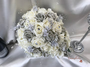 Grey & Ivory Rose With Silver & Crystal Butterfly