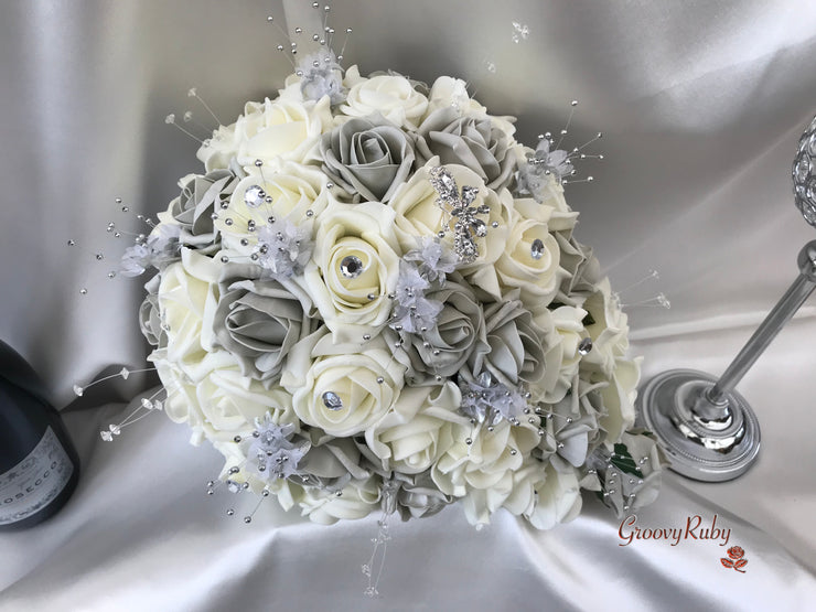 Grey & Ivory Rose With Silver & Crystal Butterfly