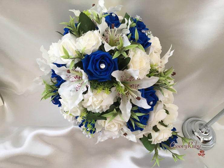 Small Tiger Lilies & Royal Blue Roses With Foliage