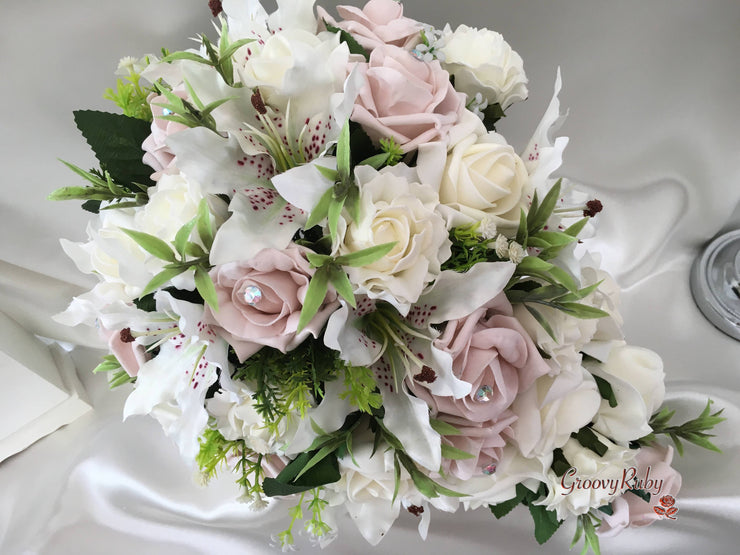Small Tiger Lilies & Vintage Mocha Pink Roses With Foliage