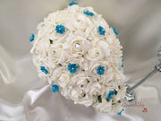 Rose Bouquets With Turquoise Satin Diamante Flowers