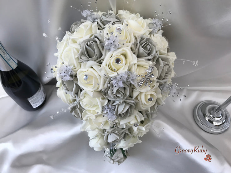 Grey & Ivory Rose With Silver & Crystal Butterfly