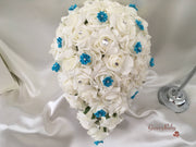 Rose Bouquets With Turquoise Satin Diamante Flowers