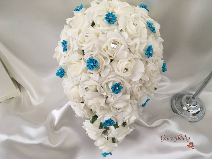 Rose Bouquets With Turquoise Satin Diamante Flowers
