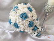 Turquoise & Ivory Rose Crystal With Ivory Pearl Babies Breath