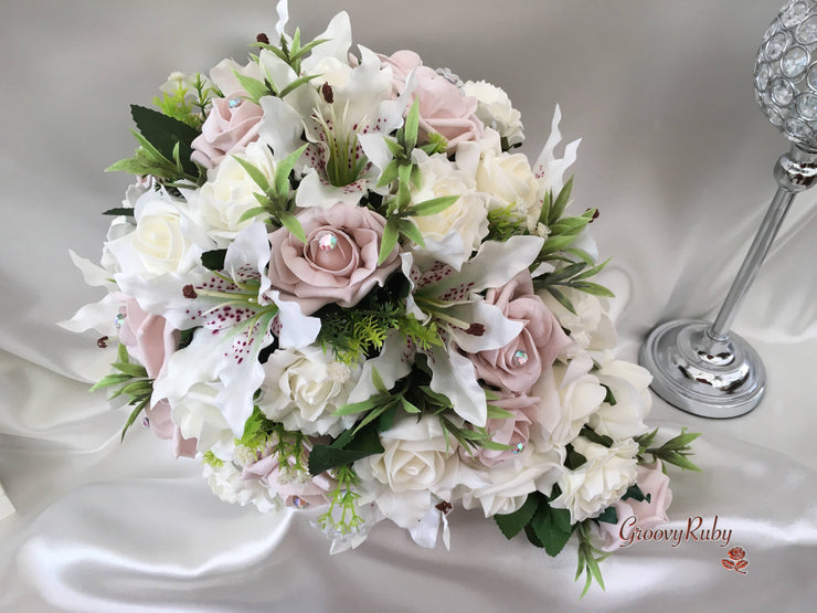 Small Tiger Lilies & Vintage Mocha Pink Roses With Foliage