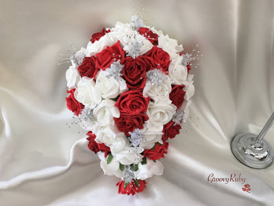 Red Glitter Rose With Silver Babies Breath