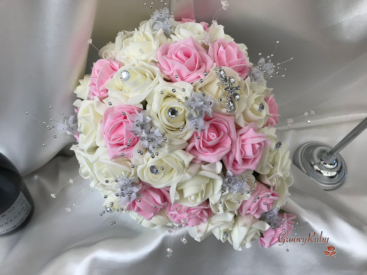 Baby Pink & Ivory Rose With Silver & Crystal Butterfly