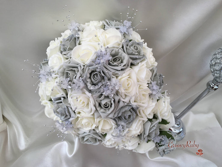 Silver Glitter Rose With Silver Babies Breath