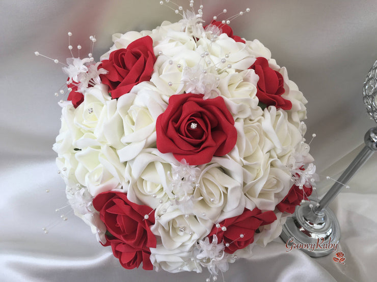 Red & Ivory Rose Crystal With Ivory Pearl Babies Breath