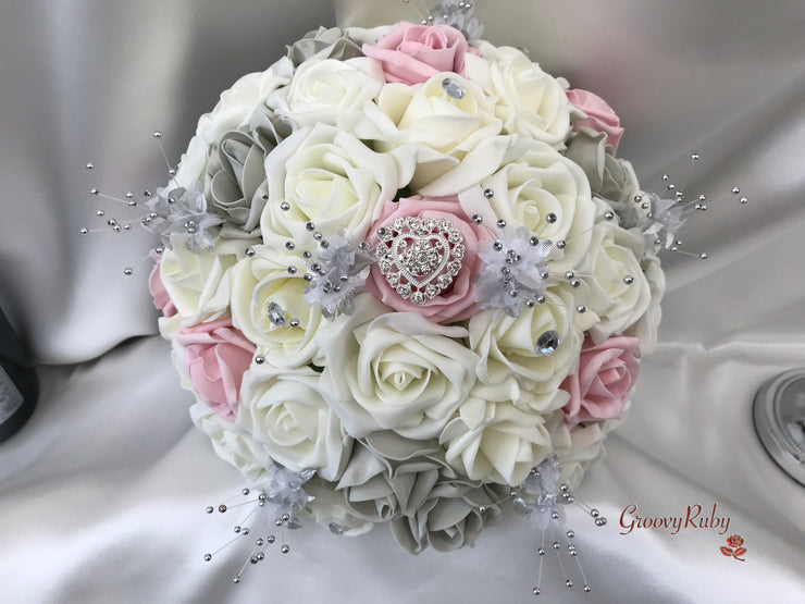 Dusky Pink & Silver Roses With Delicate Heart Brooch
