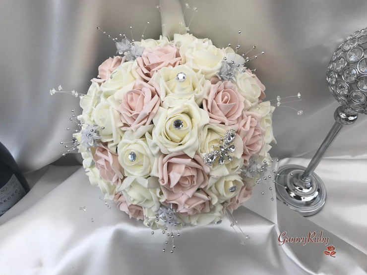 Mocha Pink & Ivory Rose With Silver & Crystal Butterfly