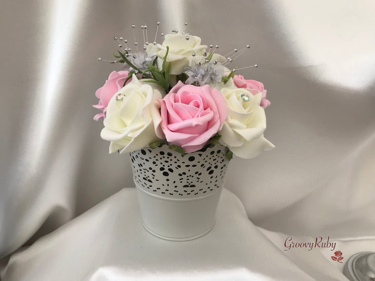 Bucket Arrangement With Baby Pink & Ivory Roses & Babies Breath