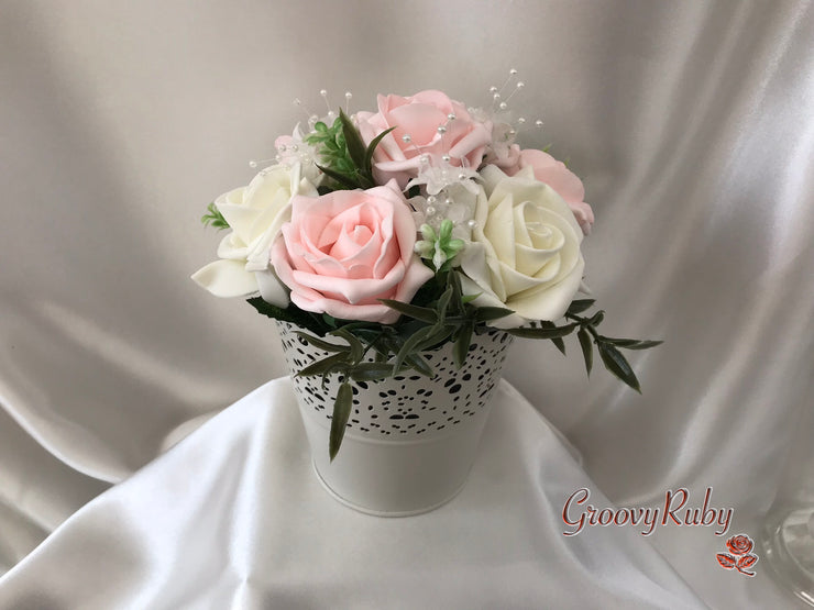 Bucket Arrangement With Blush Pink & Ivory Roses & Ivory Babies Breath