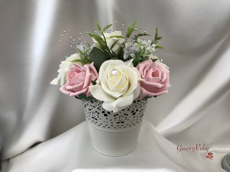 Dusky Pink & Silver Roses With Delicate Heart Brooch