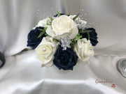 Navy & Ivory Rose With Silver & Crystal Butterfly